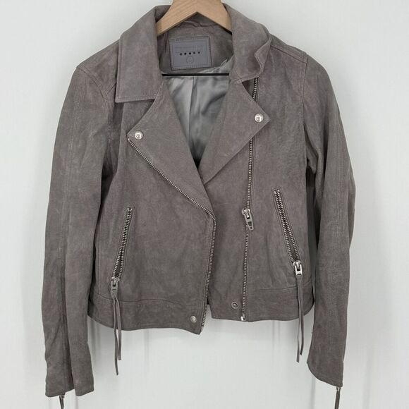 BlankNYC Grey Suede Leather Moto Jacket Zip Asymmetric Crop Biker Size Small - Picture 1 of 6